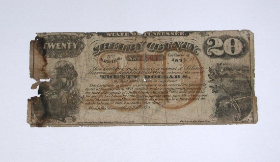 RARE 1875 STATE of TENNESSEE SHELBY COUNTY (MEMPHIS) $20 NOTE