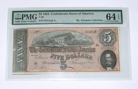 1864 CONFEDERATE $5 NOTE - T-69 - PMG 64 EXCEPTIONAL PAPER QUALITY
