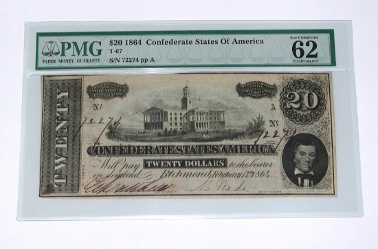 1864 CONFEDERATE $20 NOTE - T-67 - PMG 62 EXCEPTIONAL PAPER QUALITY