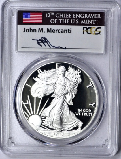 2017-W SILVER EAGLE - PCGS PR70 DCAM - SIGNED by JOHN MERCANTI - 1st DAY of ISSUE