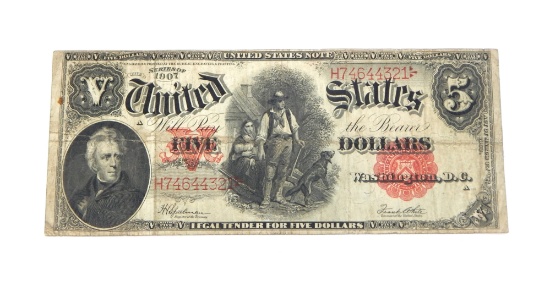 1907 $5 UNITED STATES NOTE - WOODCHOPPER