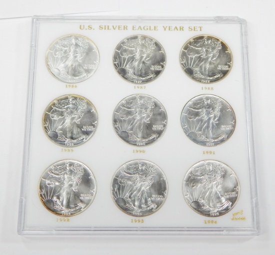 NINE (9) UNCIRCULATED SILVER EAGLES - 1986 to 1994