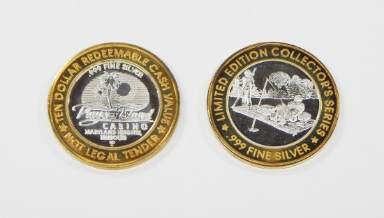 TWO (2) SILVER and BRASS CASINO TOKENS - MISSOURI, MISSISSIPPI