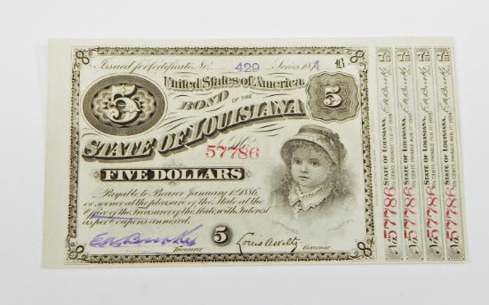 1879 LOUISIANA $5 BABY BOND with COUPONS