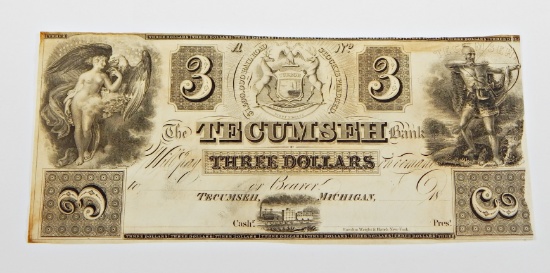 1830's TECUMSEH BANK of MICHIGAN $3 NOTE