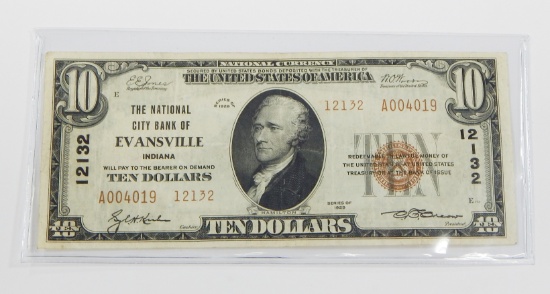 1929 $10 NATIONAL CURRENCY - NATIONAL CITY BANK of EVANSVILLE, INDIANA