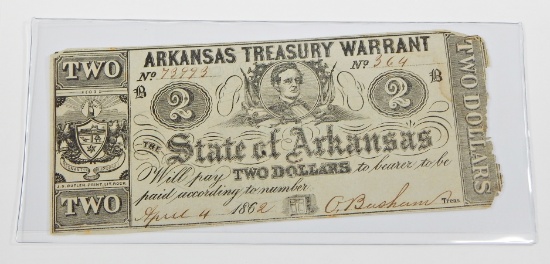 1862 ARKANSAS $2 TREASURY WARRANT