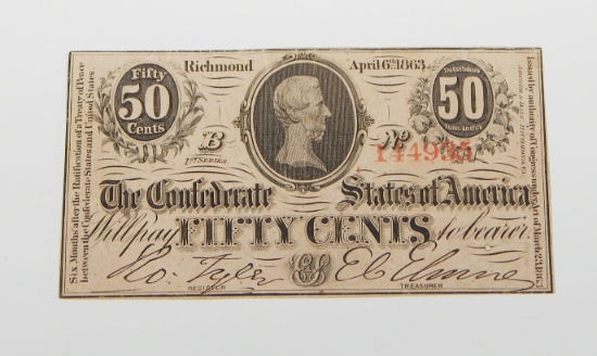 APRIL 6, 1863 CONFEDERATE 50 CENTS NOTE