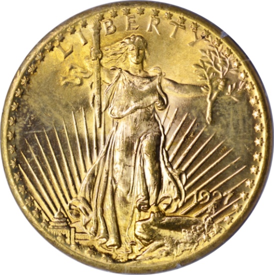 1927 $20 ST GAUDENS GOLD PIECE - PCGS MS63 - 1st GENERATION RATTLER HOLDER