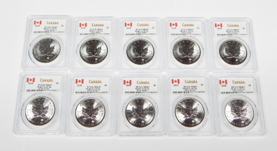 CANADA - TEN (10) 2018 1 OZ SILVER MAPLE LEAFS - PCGS MS69 FIRST STRIKE