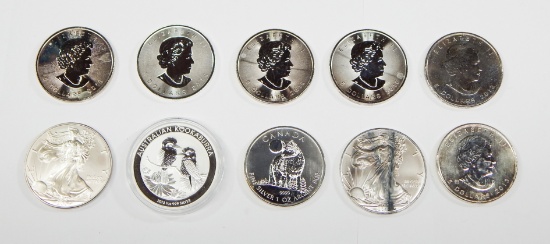 10 ONE OUNCE SILVER ROUNDS - SILVER EAGLES, MAPLE LEAFS, KOOKABURRA