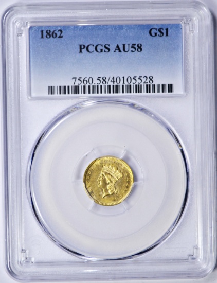 1862 $1 GOLD PIECE - PCGS AU58
