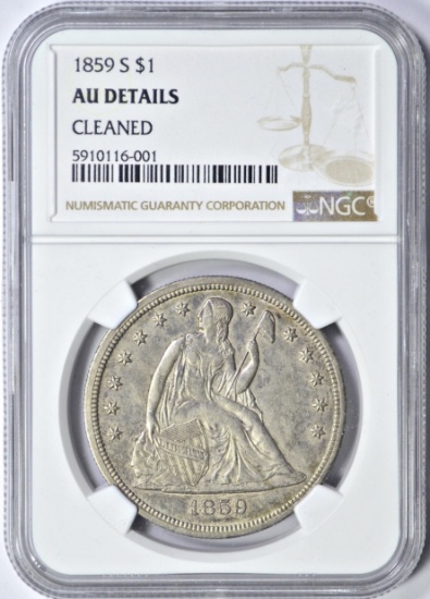 1859-S SEATED LIBERTY DOLLAR - NGC AU DETAILS CLEANED - LOW MINTAGE