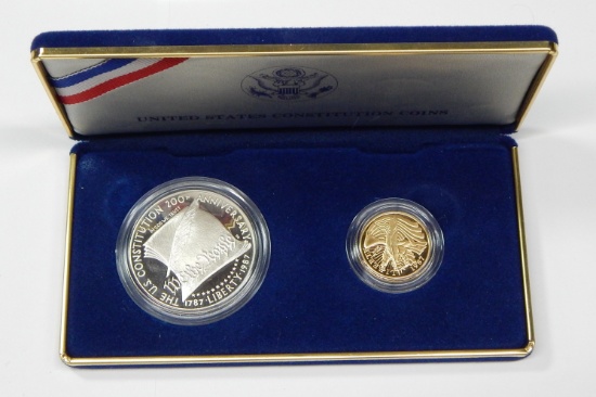 1987 CONSTITUTION $5 GOLD and SILVER DOLLAR PROOF SET - IN BOX with COA