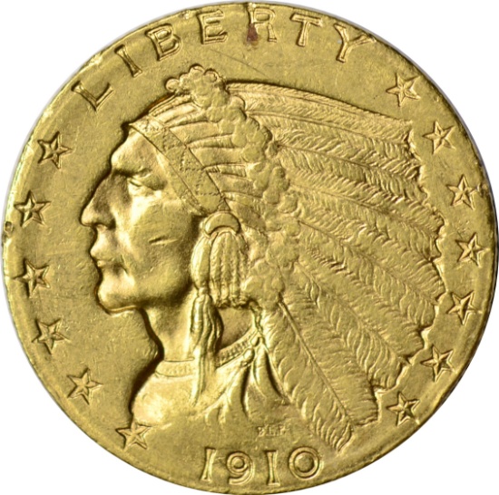 1910 INDIAN HEAD $2.50 GOLD PIECE - AU DETAILS