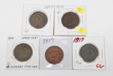 FIVE (5) EARLY LARGE CENTS - 1816, (3) 1817, 1819