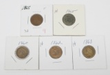 FIVE (5) EARLY INDIAN HEAD CENTS - 1860, 1862, 1863, (2) 1865