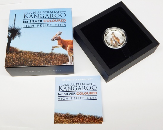 AUSTRALIA - 2020 1 OZ SILVER COLOURED HIGH RELIEF KANGAROO in BOX with PAPERS