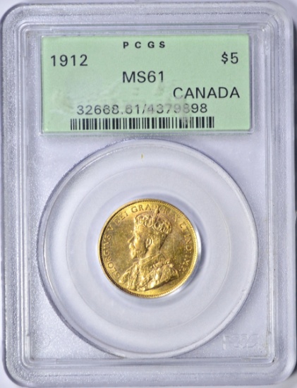 1912 CANADA $5 GOLD PIECE - PCGS MS61 - OLD GREEN HOLDER
