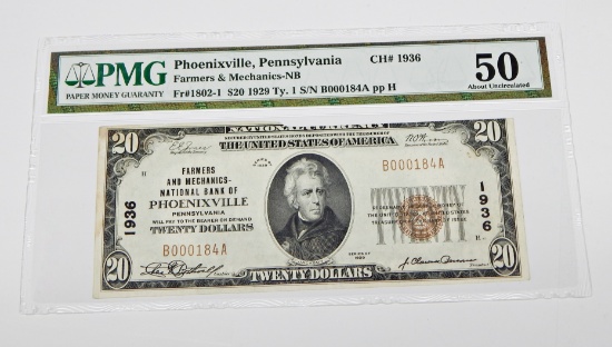 1929 NATIONAL CURRENCY - PHOENIXVILLE, PA $20 NOTE - PMG ABOUT UNC 50
