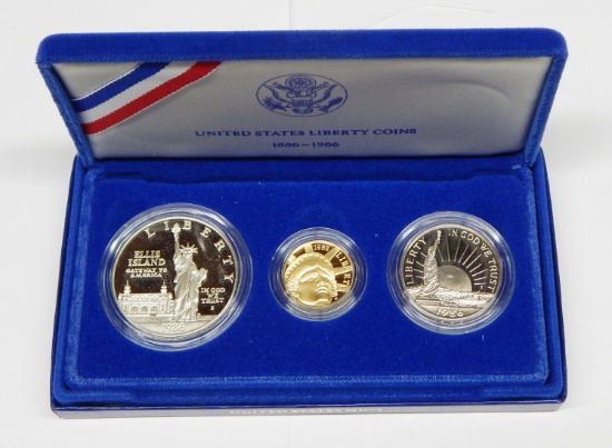 1986 ELLIS ISLAND 3-COIN PROOF SET - $5 GOLD, SILVER DOLLAR, CLAD HALF