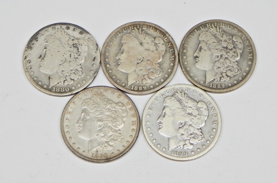 FIVE (5) MORGAN DOLLARS - 1880-O, (2) 1889-O, 1898, 1899-O