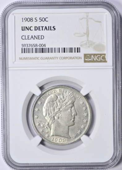 1908-S BARBER HALF - NGC UNC DETAILS CLEANED