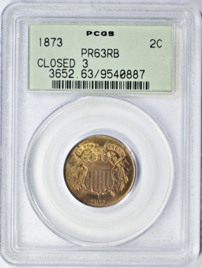 1873 CLOSED 3 PROOF TWO CENT PIECE - PCGS PR63 RED BROWN - OLD GREEN HOLDER