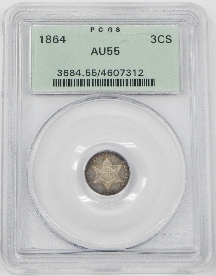 1864 SILVER THREE CENT PIECE - PCGS AU55 - OLD GREEN HOLDER