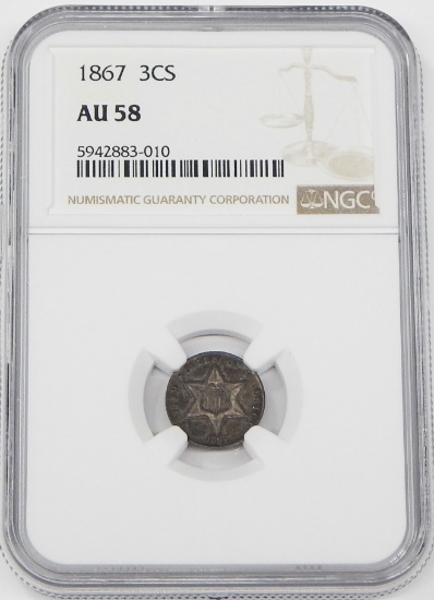 1867 SILVER THREE CENT PIECE - NGC AU58