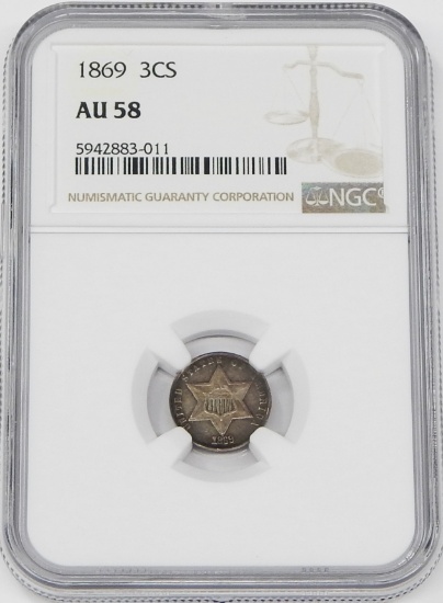 1869 SILVER THREE CENT PIECE - NGC AU58