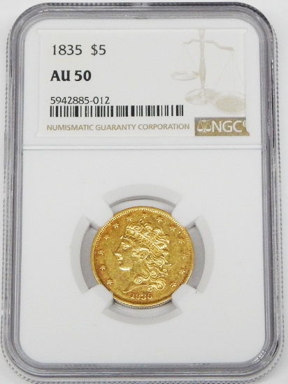 1835 CLASSIC HEAD $5 GOLD PIECE - NGC AU50
