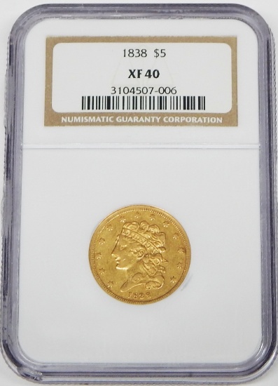 1838 CLASSIC HEAD $5 GOLD PIECE - NGC XF40