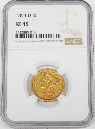 1853-D LIBERTY $5 GOLD PIECE - NGC XF45