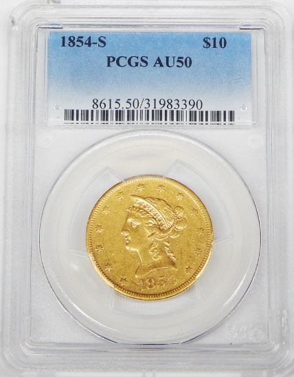 1854-S LIBERTY $10 GOLD PIECE - PCGS AU50