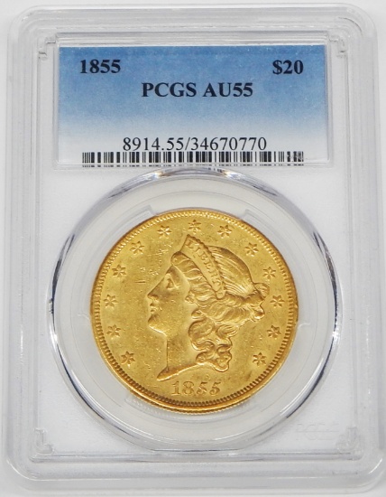 1855 LIBERTY $20 GOLD PIECE - PGCS AU55