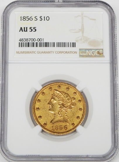 1856-S LIBERTY HEAD $10 GOLD PIECE - NGC AU55