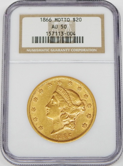 1866 MOTTO LIBERTY $20 GOLD PIECE - NGC AU50