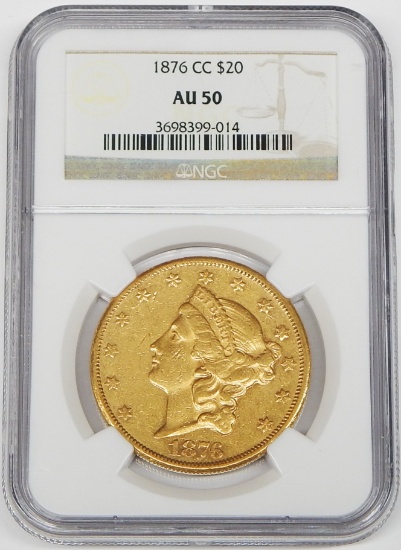 1876-CC LIBERTY $20 GOLD PIECE - NGC AU50
