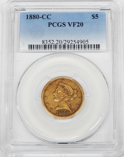 1880-CC LIBERTY HEAD $5 GOLD PIECE - PCGS VF20
