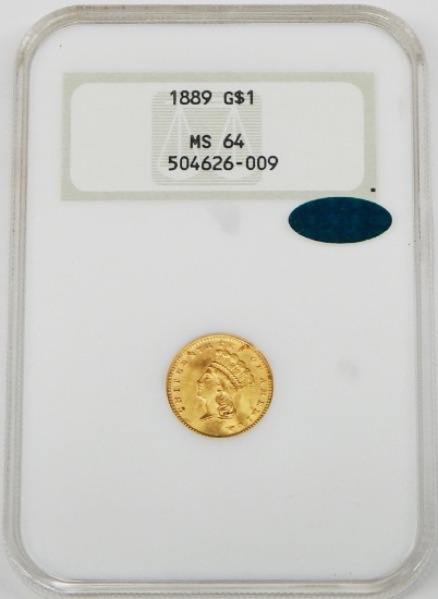 1889 $1 GOLD PIECE - NGC MS64 - CAC - OLD FATTY HOLDER