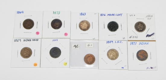 TEN (10) EARLY INDIAN HEAD CENTS - 1859 to 1876