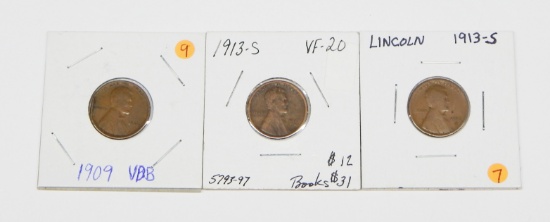 THREE (3) BETTER EARLY LINCOLN CENTS - 1909 VDB and (2) 1913-S