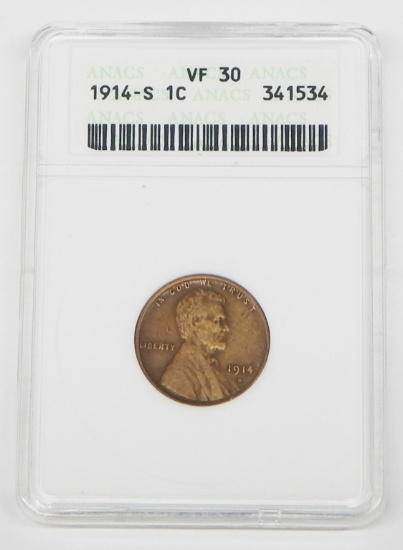 1914-S LINCOLN CENT - ANACS VF30 - OLD HOLDER