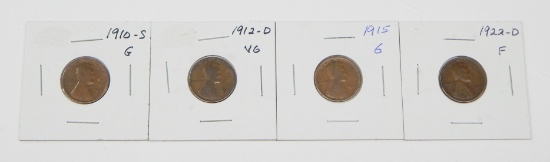 FOUR (4) EARLY LINCOLN CENTS - 1910-S, 1912-D, 1915, 1922-D