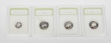 FOUR (4) PROOF SILVER COINS in PLASTIC HOLDERS - (1) DIME, (3) QUARTERS