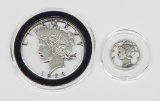 TWO (2) SILVER CUT-OUT COINS - 1942 MERCURY DIME & 1922 PEACE DOLLAR