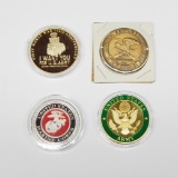 TWO (2) ONE OZ .999 FINE SILVER ARMY & MARINES ROUND + TWO (2) MILITARY THEMED TOKENS