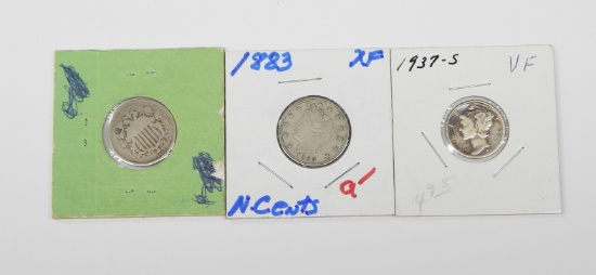 1866 RAYS NICKEL, 1883 NC NICKEL, 1937-S MERCURY DIME