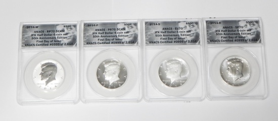 2014 FOUR-COIN SET of 50th ANNIVERSARY KENNEDY HALVES - ALL ANACS 70